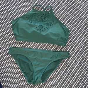 Green high-neck bikini top with matching bottoms